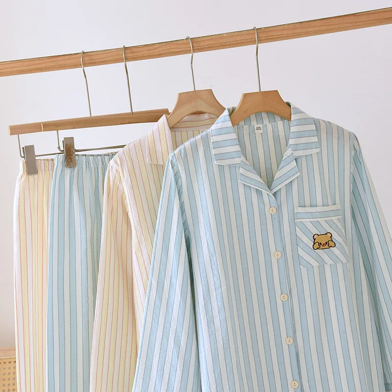 2026 New Spring/Summer Japanese Women's Striped Pajama Set 100% Cotton Long Sleeve Long Pants Two Piece Set Thin Home Clothing