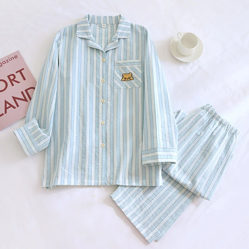 2026 New Spring/Summer Japanese Women's Striped Pajama Set 100% Cotton Long Sleeve Long Pants Two Piece Set Thin Home Clothing