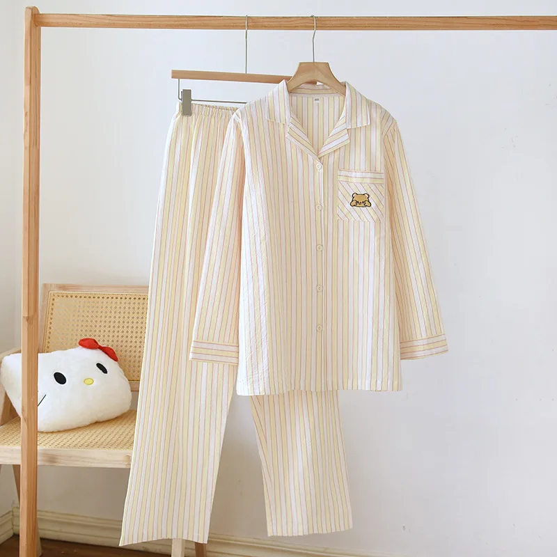 2026 New Spring/Summer Japanese Women's Striped Pajama Set 100% Cotton Long Sleeve Long Pants Two Piece Set Thin Home Clothing