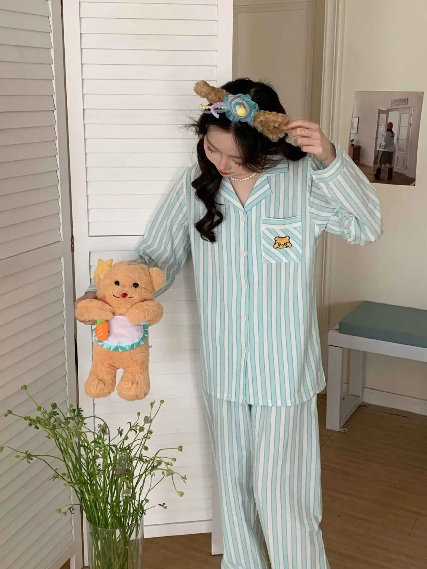 2026 New Spring/Summer Japanese Women's Striped Pajama Set 100% Cotton Long Sleeve Long Pants Two Piece Set Thin Home Clothing