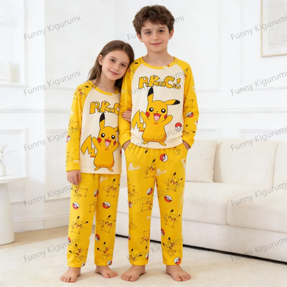 Cartoon Pijamas for Kids 3 to 5 7 9 11 13 Years Clothing Sets Boys Home Wear Girls Full Sleeve Pikachu Pajamas Teen Loungewear