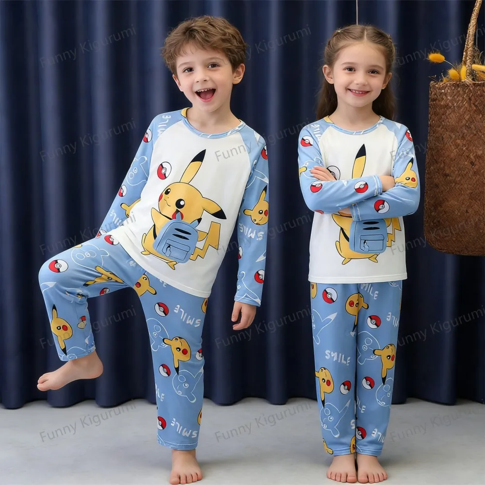 Cartoon Pijamas for Kids 3 to 5 7 9 11 13 Years Clothing Sets Boys Home Wear Girls Full Sleeve Pikachu Pajamas Teen Loungewear
