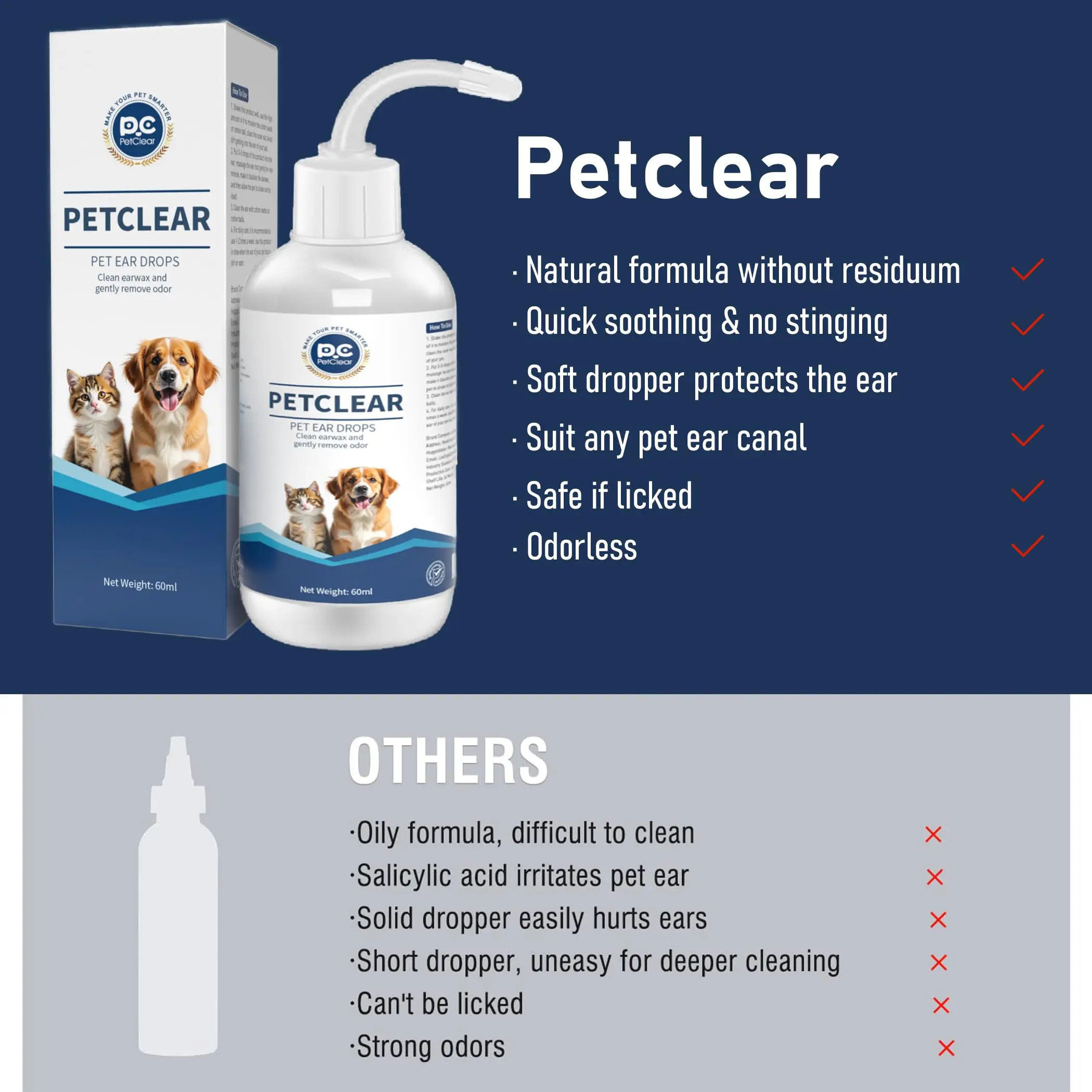 PetClear 60ml Natural Ear Drops - Dogs Cats Ear Care, Mite/Wax/Odor Removal, Itch Relief, No Stinging/Residue, Soft Dropper