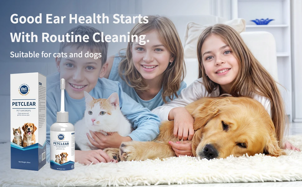 PetClear 60ml Natural Ear Drops - Dogs Cats Ear Care, Mite/Wax/Odor Removal, Itch Relief, No Stinging/Residue, Soft Dropper