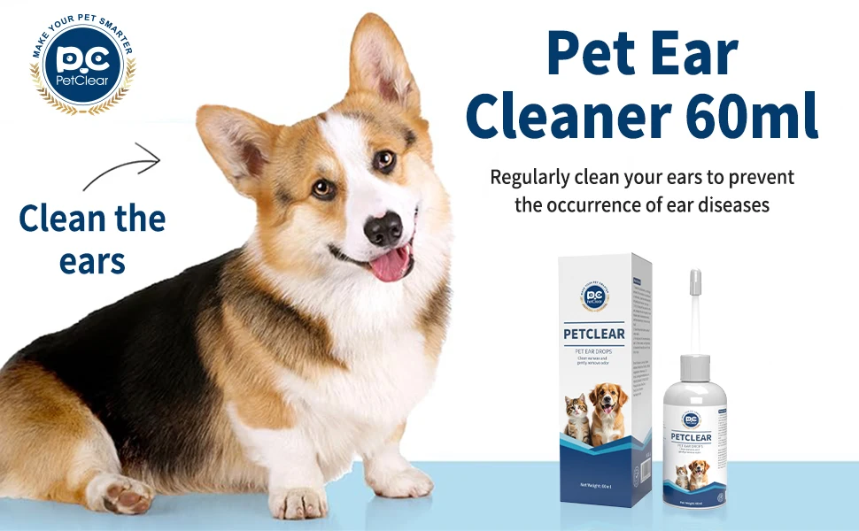 PetClear 60ml Natural Ear Drops - Dogs Cats Ear Care, Mite/Wax/Odor Removal, Itch Relief, No Stinging/Residue, Soft Dropper