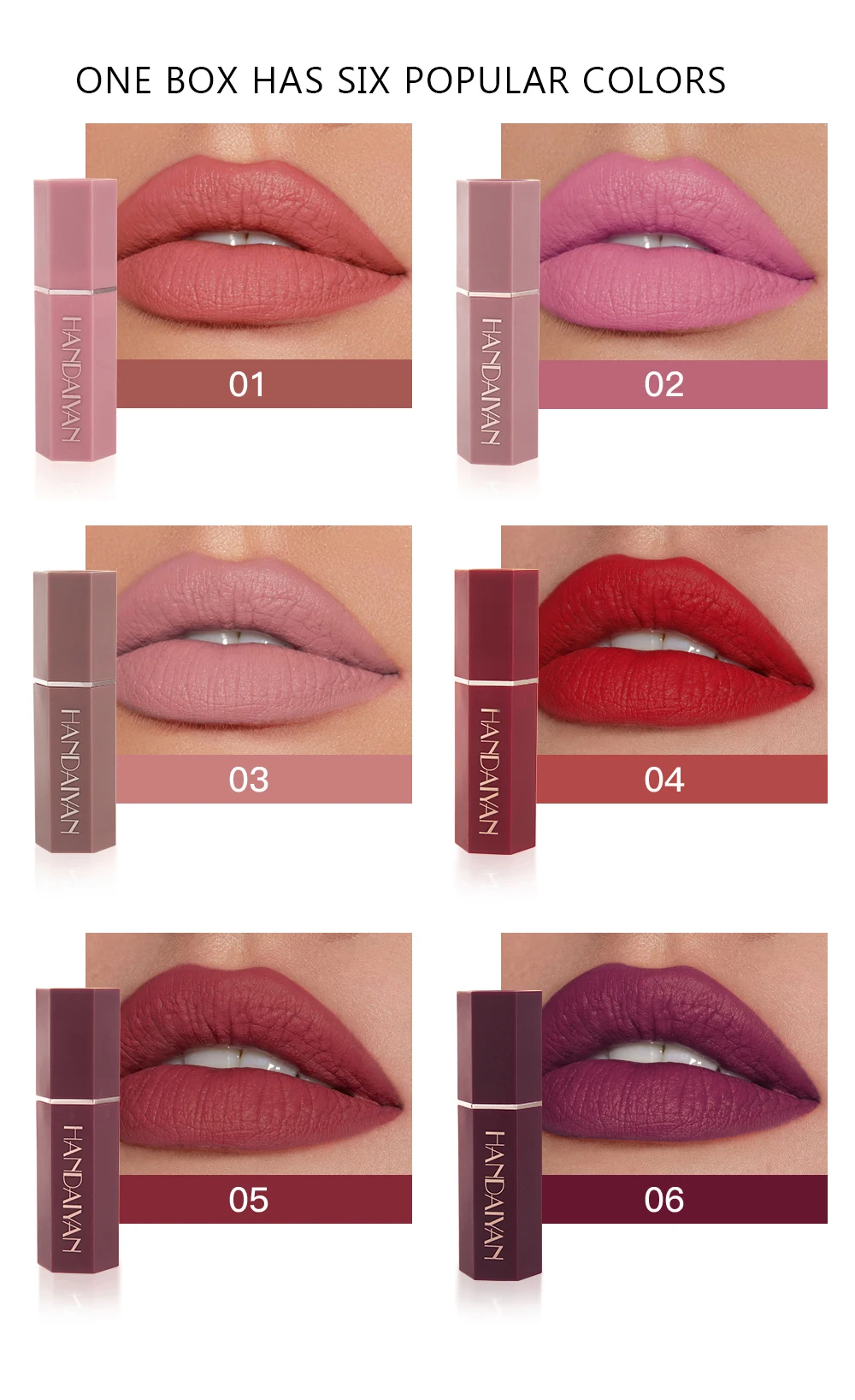 Moisturizing Matte Lipstick 6 Shades Long Lasting Non Transfer Nude Lip Gloss HANDAIYAN Cosmetics For Ladies