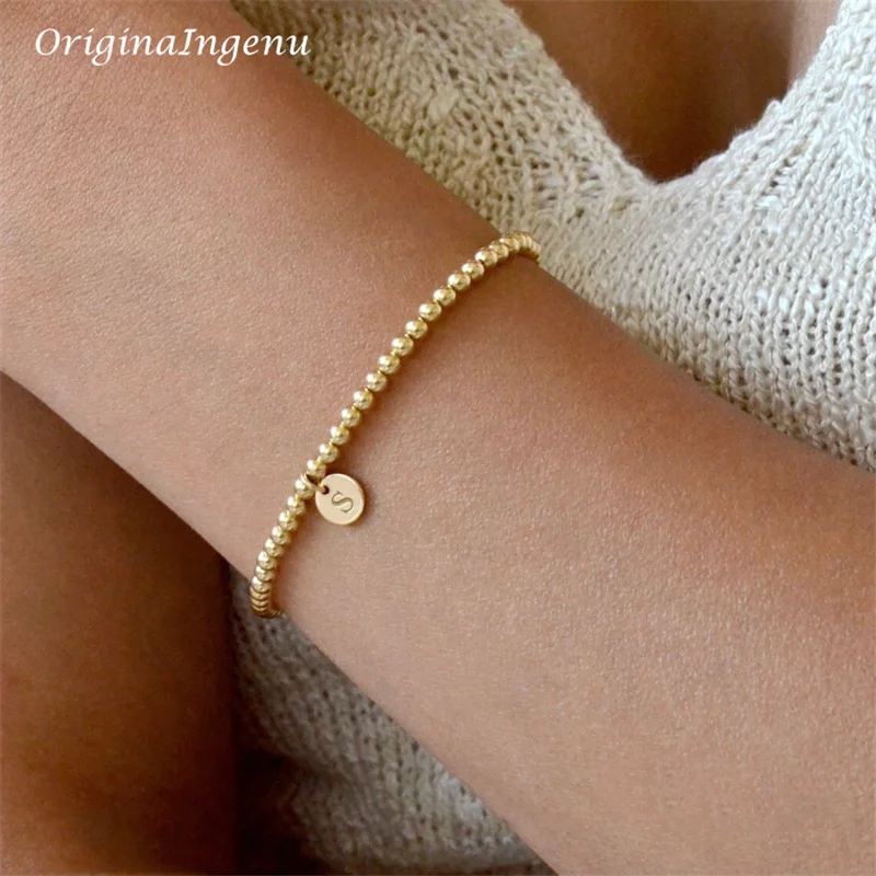 Handmade Gold Beads Bracelet 14K Gold Filled Elastic Bracelet Custom Letter Jewelry Boho Bracelets Vintage Boho Women Jewelry