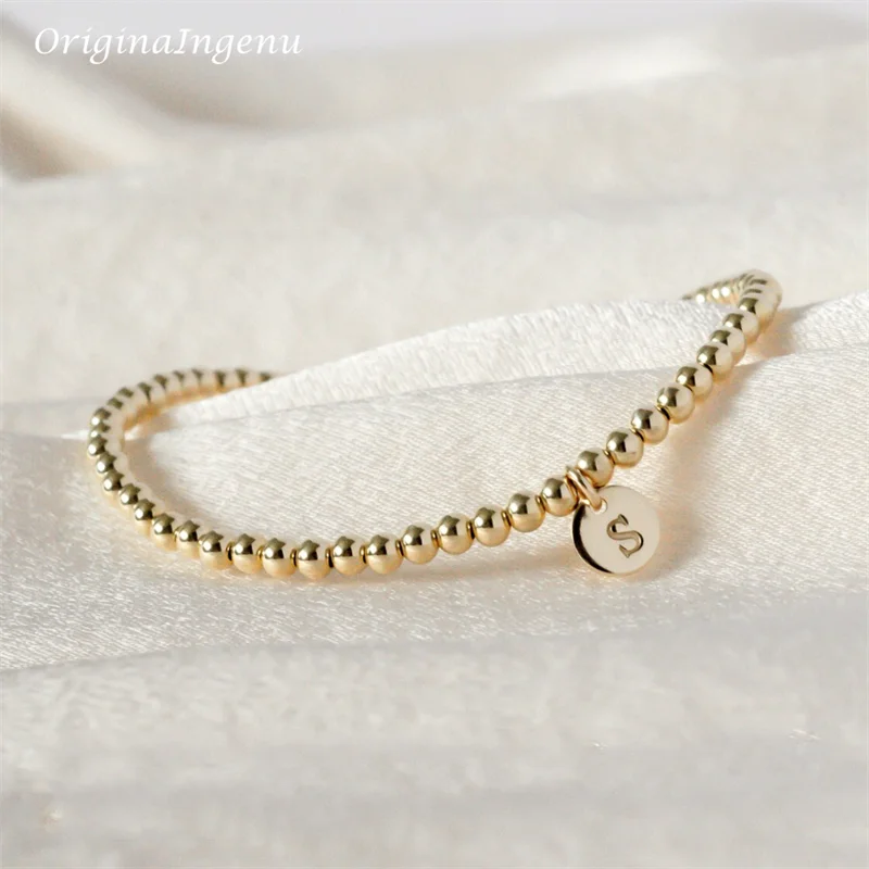 Handmade Gold Beads Bracelet 14K Gold Filled Elastic Bracelet Custom Letter Jewelry Boho Bracelets Vintage Boho Women Jewelry