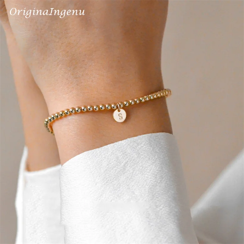 Handmade Gold Beads Bracelet 14K Gold Filled Elastic Bracelet Custom Letter Jewelry Boho Bracelets Vintage Boho Women Jewelry