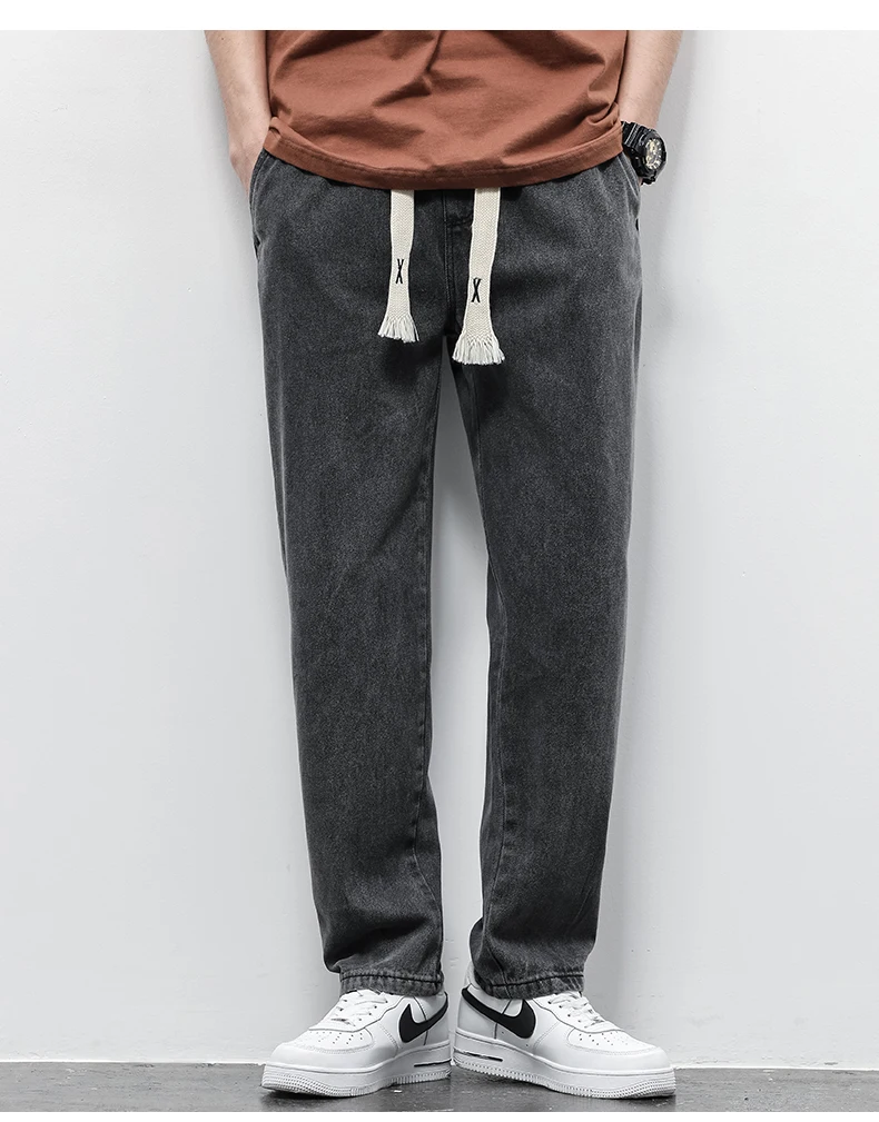 Men's Jeans Cotton Soft Drawstring Straight Pants Elastic Waist Vintage Blue Korea Casual Trousers Male Plus Size S-5XL