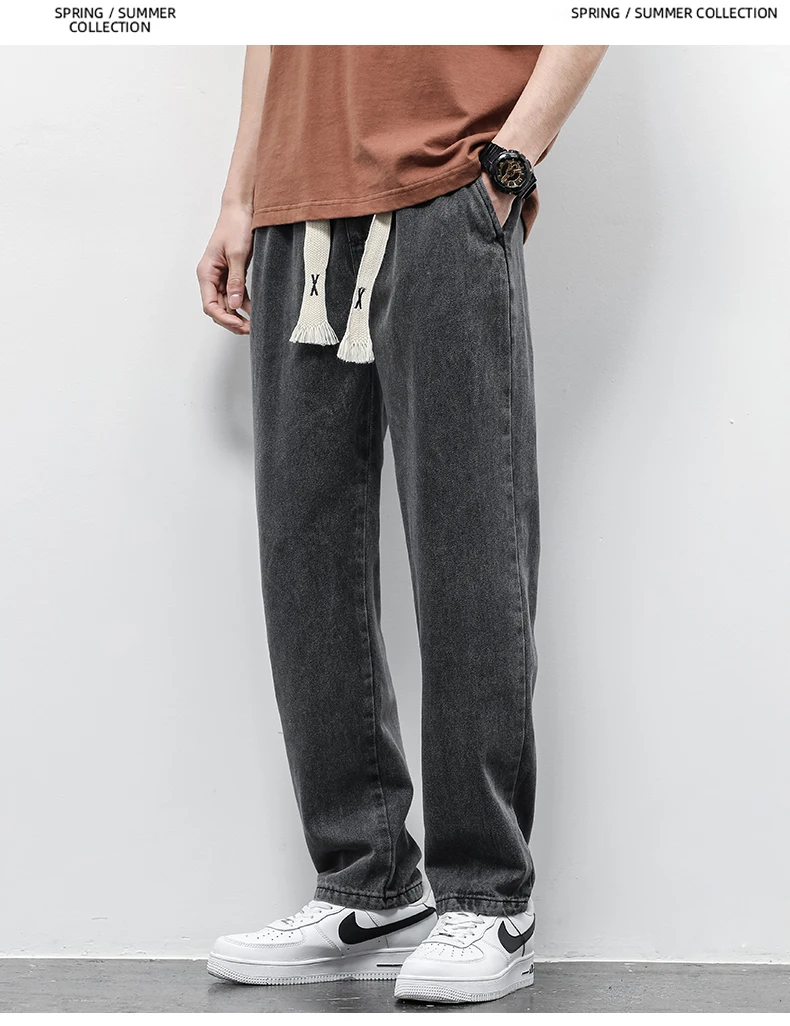 Men's Jeans Cotton Soft Drawstring Straight Pants Elastic Waist Vintage Blue Korea Casual Trousers Male Plus Size S-5XL