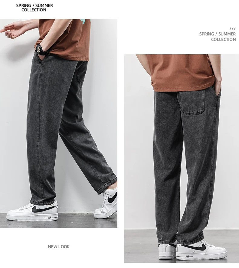 Men's Jeans Cotton Soft Drawstring Straight Pants Elastic Waist Vintage Blue Korea Casual Trousers Male Plus Size S-5XL