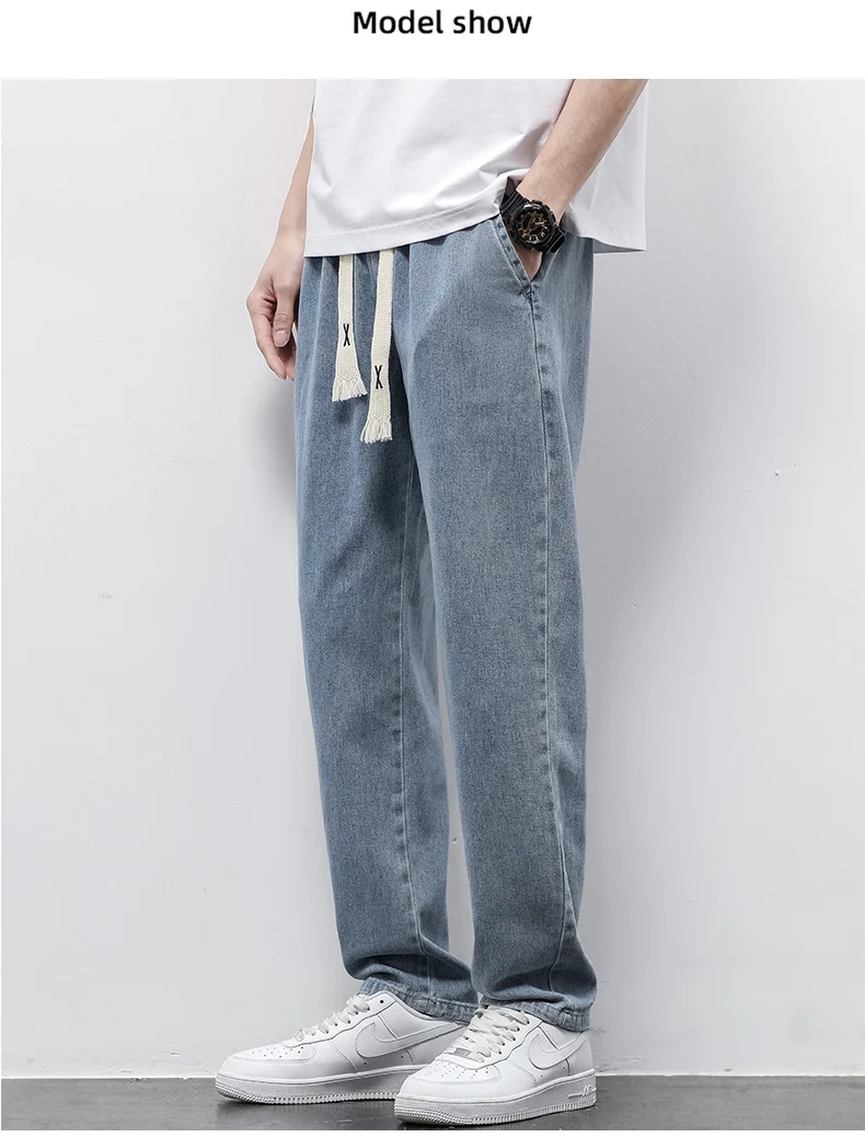 Men's Jeans Cotton Soft Drawstring Straight Pants Elastic Waist Vintage Blue Korea Casual Trousers Male Plus Size S-5XL