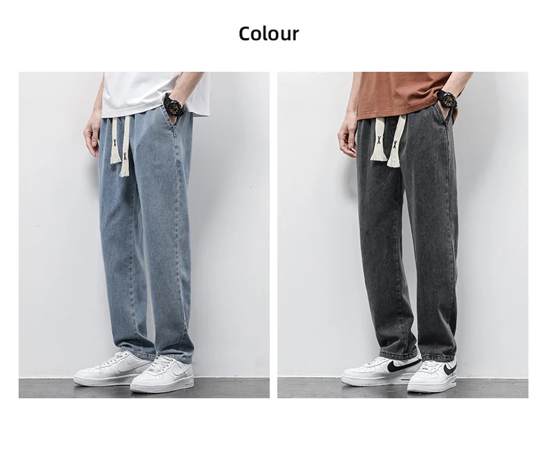 Men's Jeans Cotton Soft Drawstring Straight Pants Elastic Waist Vintage Blue Korea Casual Trousers Male Plus Size S-5XL