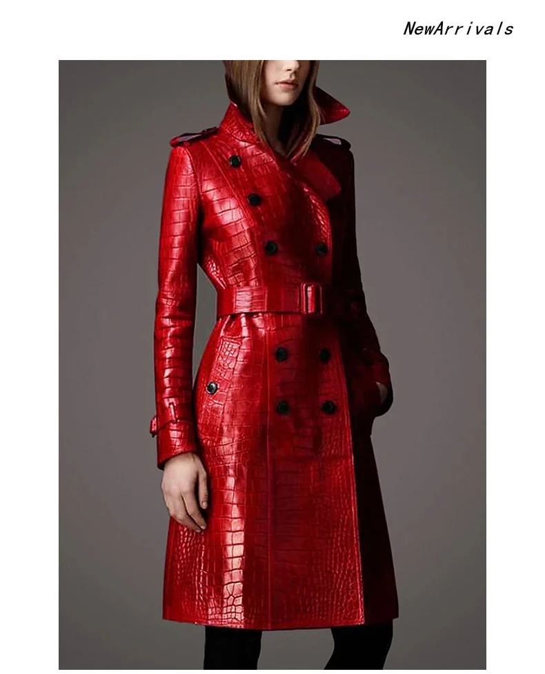 Lautaro Autumn Long Red Crocodile Print Leather Trench Coat for Women Belt Double Breasted Elegant British Style Fashion 2021