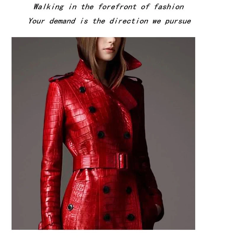 Lautaro Autumn Long Red Crocodile Print Leather Trench Coat for Women Belt Double Breasted Elegant British Style Fashion 2021