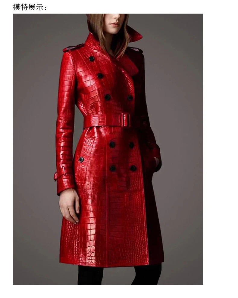 Lautaro Autumn Long Red Crocodile Print Leather Trench Coat for Women Belt Double Breasted Elegant British Style Fashion 2021