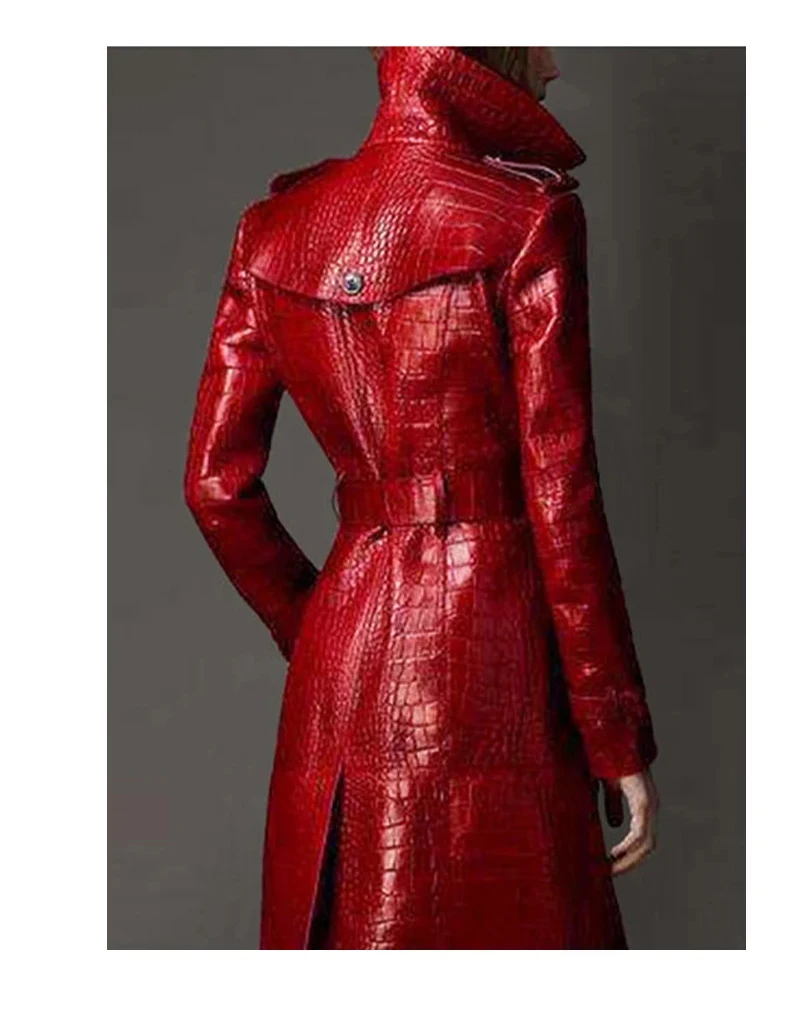 Lautaro Autumn Long Red Crocodile Print Leather Trench Coat for Women Belt Double Breasted Elegant British Style Fashion 2021