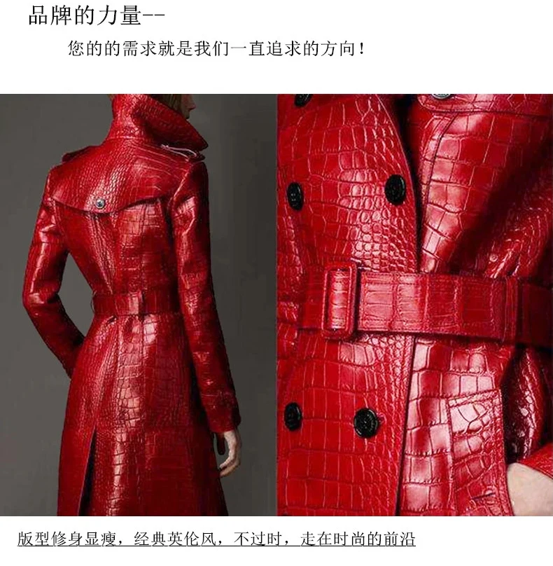 Lautaro Autumn Long Red Crocodile Print Leather Trench Coat for Women Belt Double Breasted Elegant British Style Fashion 2021