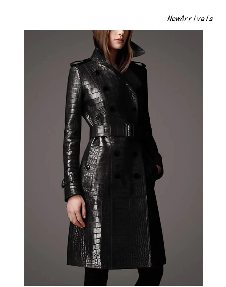 Lautaro Autumn Long Red Crocodile Print Leather Trench Coat for Women Belt Double Breasted Elegant British Style Fashion 2021
