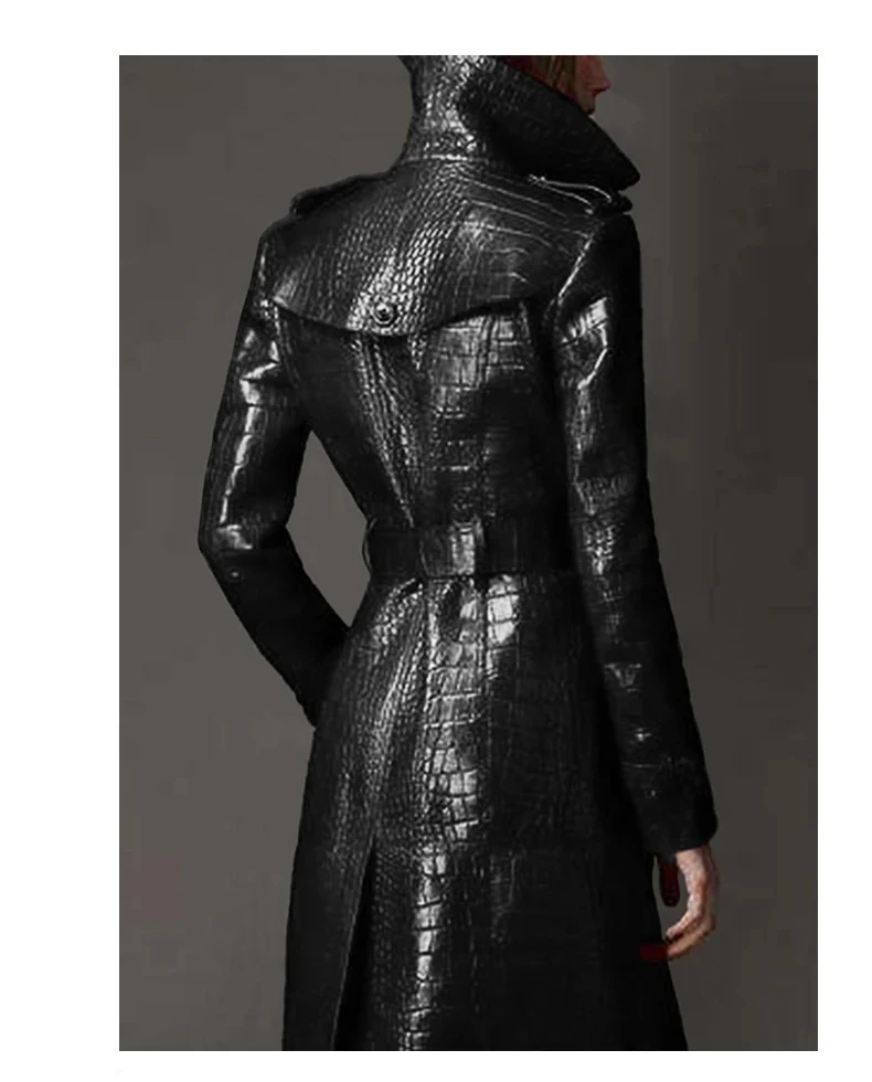 Lautaro Autumn Long Red Crocodile Print Leather Trench Coat for Women Belt Double Breasted Elegant British Style Fashion 2021
