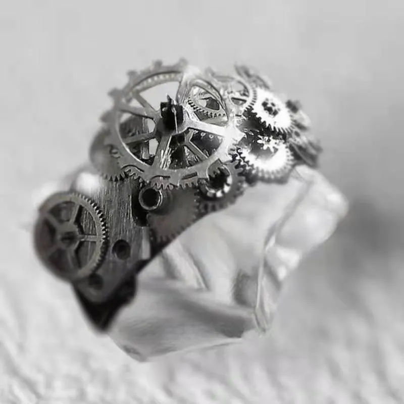 Vintage Mechanical Gear Rings for Women Stainless Steel Steam Cyberpunk Style Machine Shaped Punk Jewelry Creative Gift for Boys