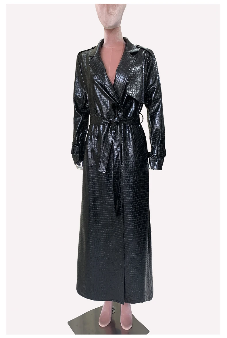 Mauroicardi Spring Autumn Extra Long Shiny Reflective Crocodile Print Pu Leather Trench Coat for Women Luxury Designer Clothes