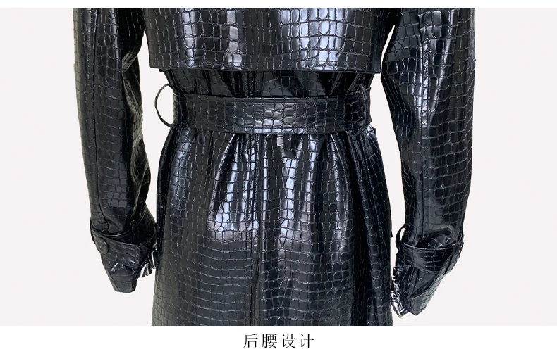 Mauroicardi Spring Autumn Extra Long Shiny Reflective Crocodile Print Pu Leather Trench Coat for Women Luxury Designer Clothes