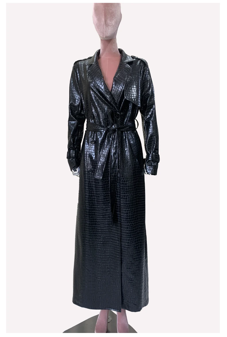 Mauroicardi Spring Autumn Extra Long Shiny Reflective Crocodile Print Pu Leather Trench Coat for Women Luxury Designer Clothes