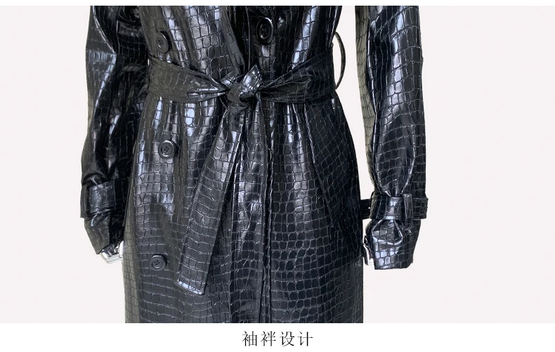Mauroicardi Spring Autumn Extra Long Shiny Reflective Crocodile Print Pu Leather Trench Coat for Women Luxury Designer Clothes