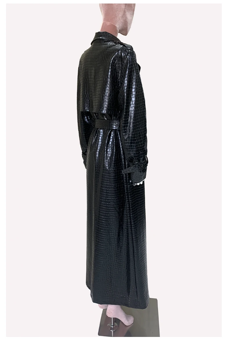 Mauroicardi Spring Autumn Extra Long Shiny Reflective Crocodile Print Pu Leather Trench Coat for Women Luxury Designer Clothes
