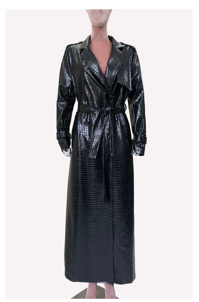 Mauroicardi Spring Autumn Extra Long Shiny Reflective Crocodile Print Pu Leather Trench Coat for Women Luxury Designer Clothes