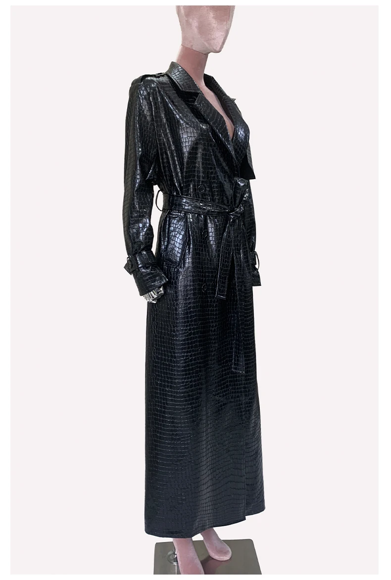 Mauroicardi Spring Autumn Extra Long Shiny Reflective Crocodile Print Pu Leather Trench Coat for Women Luxury Designer Clothes