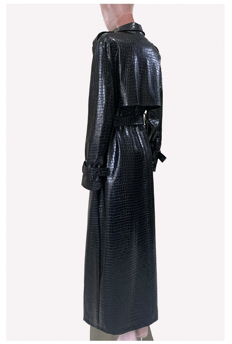 Mauroicardi Spring Autumn Extra Long Shiny Reflective Crocodile Print Pu Leather Trench Coat for Women Luxury Designer Clothes