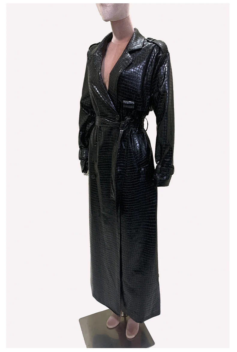 Mauroicardi Spring Autumn Extra Long Shiny Reflective Crocodile Print Pu Leather Trench Coat for Women Luxury Designer Clothes