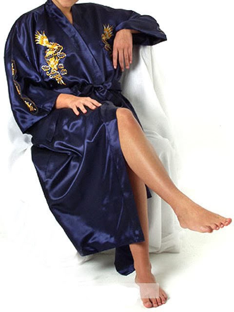 Navy Blue Chinese Men's Satin Silk Robe Embroidery Kimono Bath Gown Dragon Size S M L XL XXL XXXL S0008