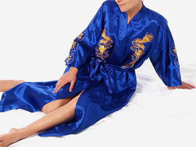 Navy Blue Chinese Men's Satin Silk Robe Embroidery Kimono Bath Gown Dragon Size S M L XL XXL XXXL S0008