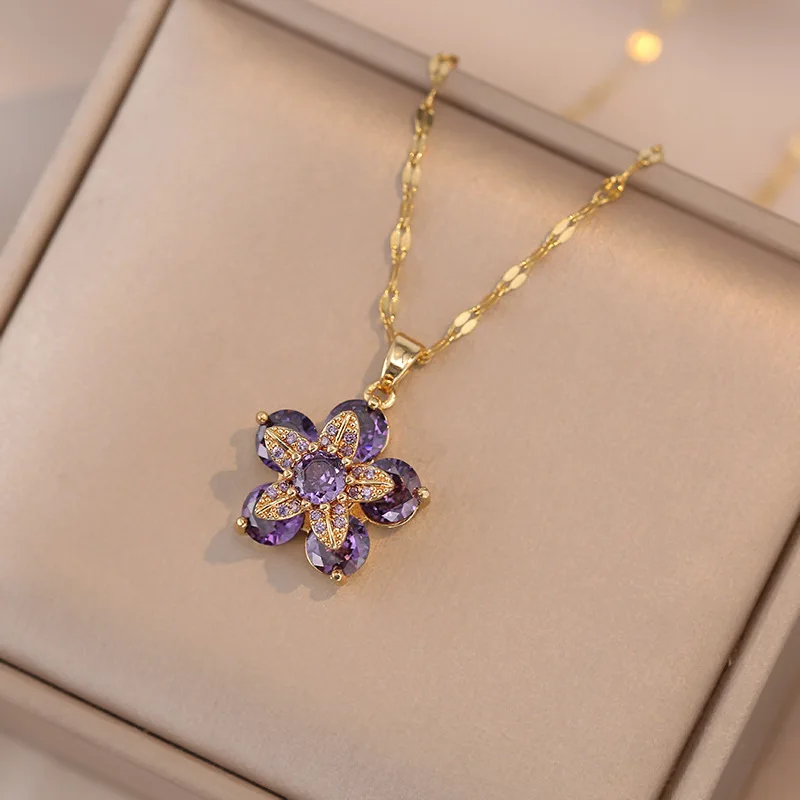 Shiny Zircon Romantic Flower Pendant Necklace For Women Gold Plated Rotatable Flowers Choker Girls Wedding Party Luxury Jewelry