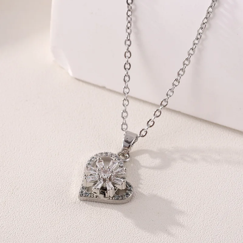 Trendy Rotation Spin Sunflower Stainless Steel Zircon Necklaces For Women Metal Crystal Necklace Party Birthday Gifts Jewelry