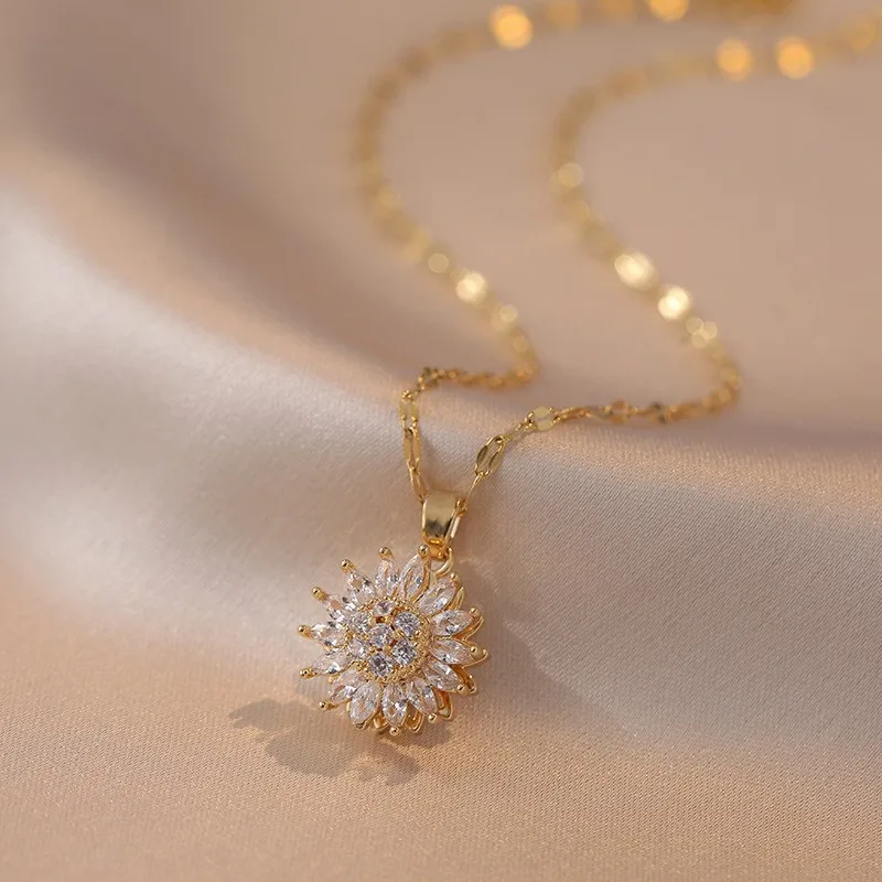 Trendy Rotation Spin Sunflower Stainless Steel Zircon Necklaces For Women Metal Crystal Necklace Party Birthday Gifts Jewelry
