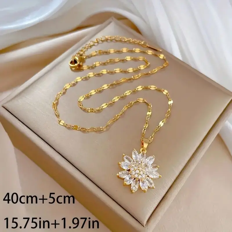 Trendy Rotation Spin Sunflower Stainless Steel Zircon Necklaces For Women Metal Crystal Necklace Party Birthday Gifts Jewelry