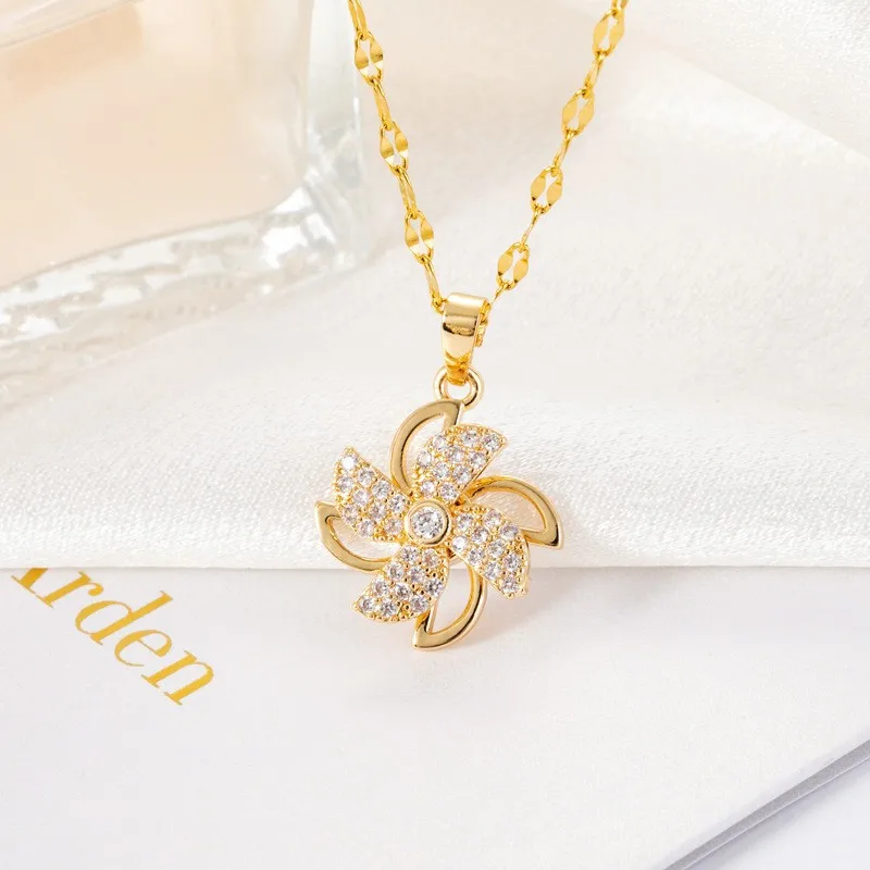 Trendy Rotation Spin Sunflower Stainless Steel Zircon Necklaces For Women Metal Crystal Necklace Party Birthday Gifts Jewelry