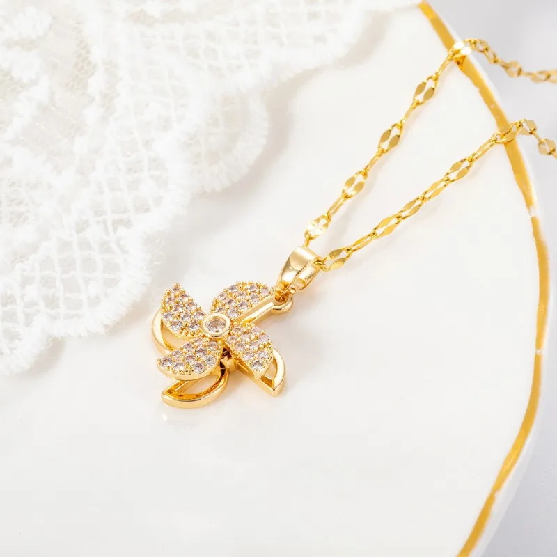 Trendy Rotation Spin Sunflower Stainless Steel Zircon Necklaces For Women Metal Crystal Necklace Party Birthday Gifts Jewelry