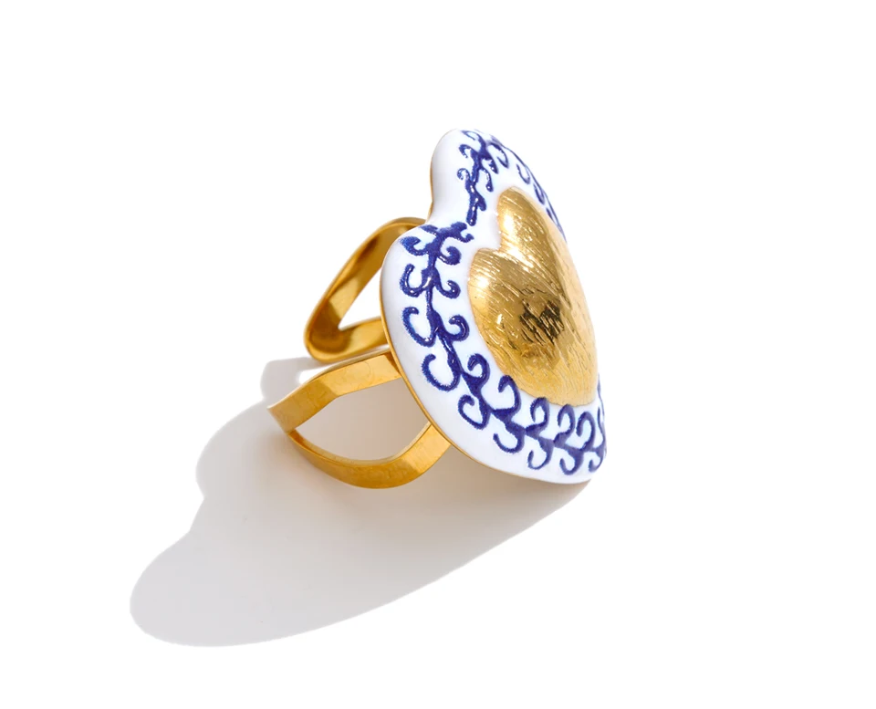 Yhpup Exclusive Stainless Steel Metal Heart Love Adjustable Ring 18K Gold Color PVD Plated Charm Popular Finger Jewelry Gift