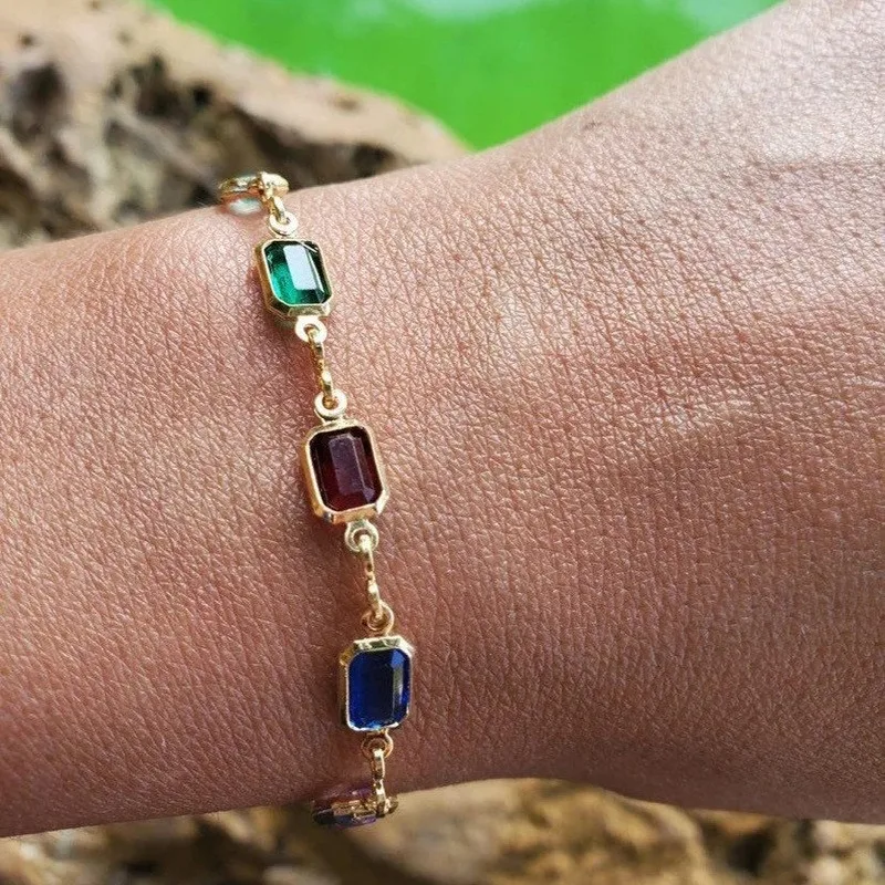 Kity Kiss Women's Colored Gemstone Jewelry Simple Square Double-Sided Vintage Crystal Bracelet Anklet Necklace Jewelry