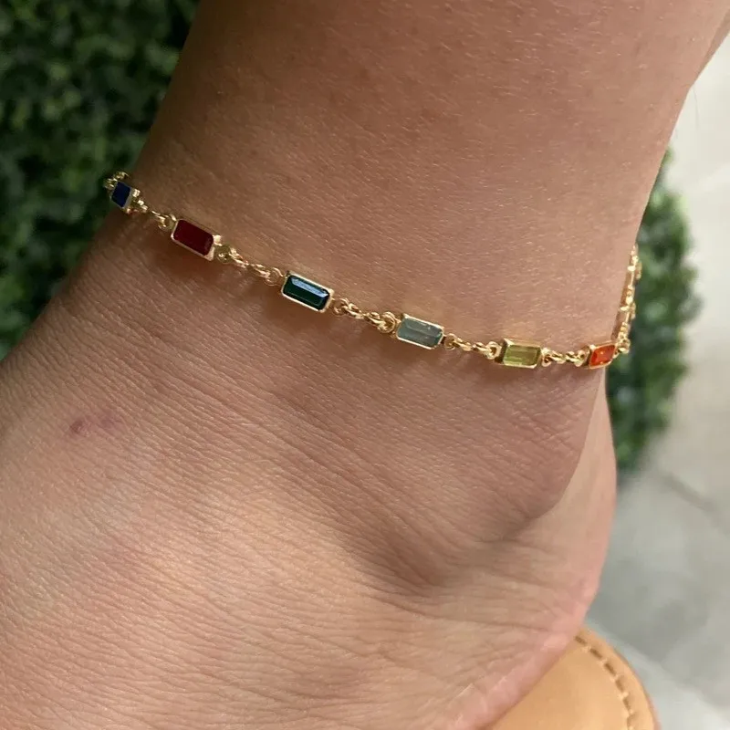 Kity Kiss Women's Colored Gemstone Jewelry Simple Square Double-Sided Vintage Crystal Bracelet Anklet Necklace Jewelry