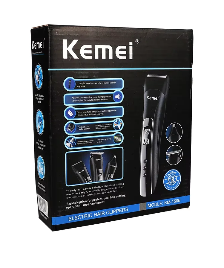 Kemei KM-1506 3 in 1 Electric Hair Clipper USB Charging Shaver Rechargeable Nose Hair Trimmer Professional Shaving Machine