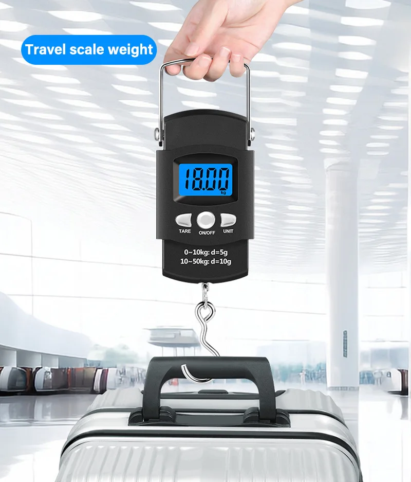 50kg/10g Portable LCD Electronic Hand Scale Travel Hanging Scale with 100cm Long Retractable Measuring Tape