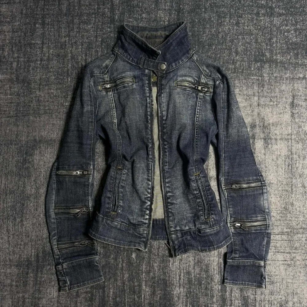 Streetwear Casual Dark Wash Fitted Denim Jacket Women Heavy Multi Zipper High Collar Detail Fashion Coat Top Slim Fit Soft Y2K