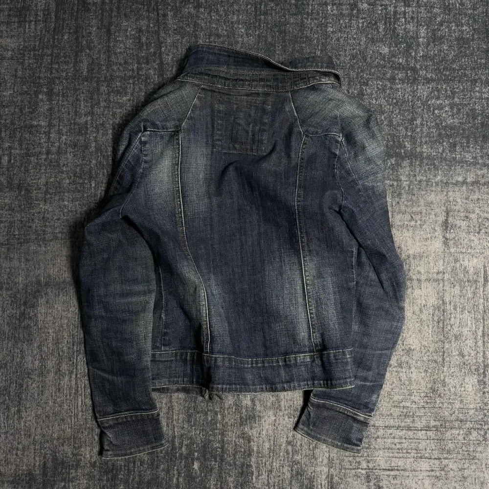 Streetwear Casual Dark Wash Fitted Denim Jacket Women Heavy Multi Zipper High Collar Detail Fashion Coat Top Slim Fit Soft Y2K